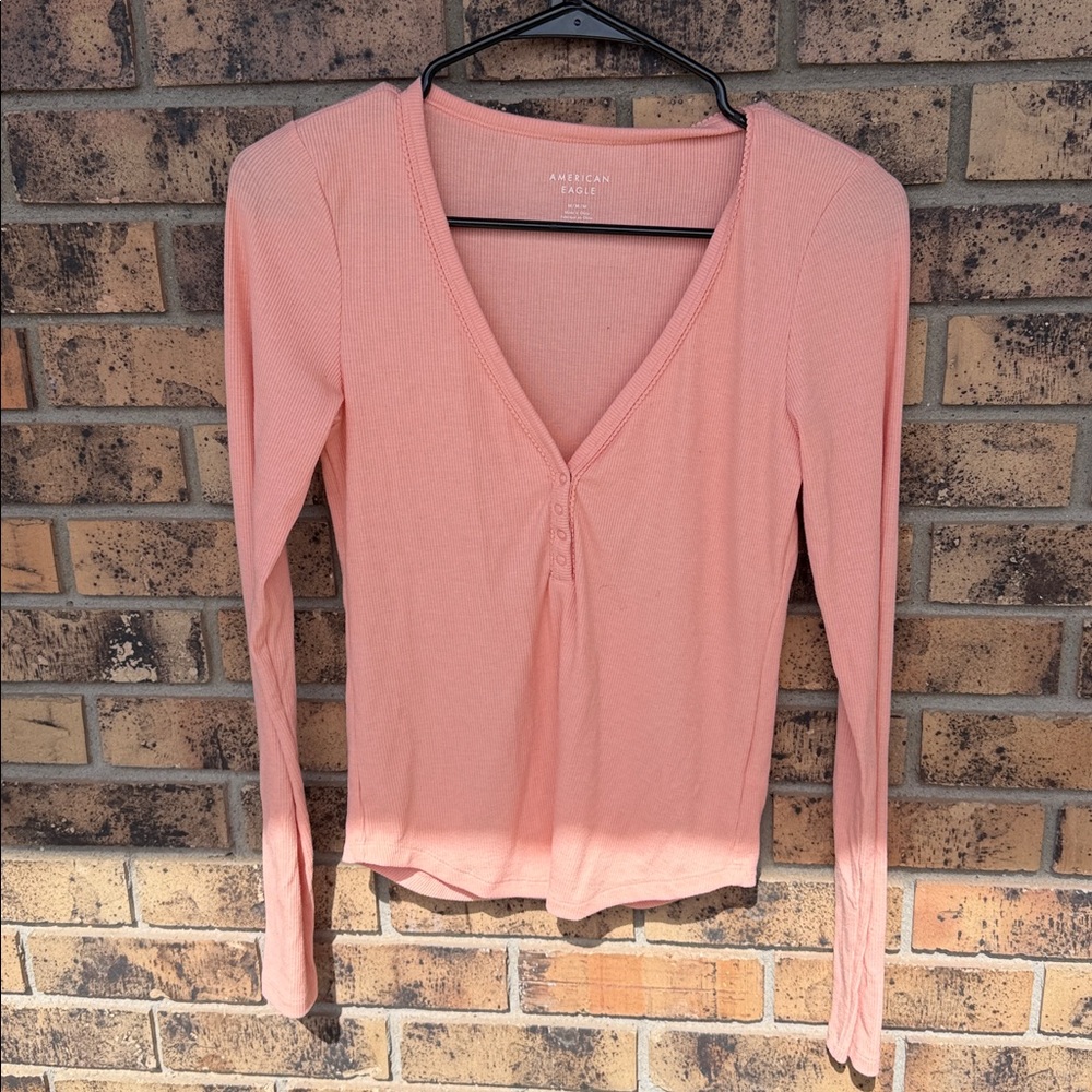 American Eagle Outfitters Women's Soft Peach V-Neck Long Sleeve Top